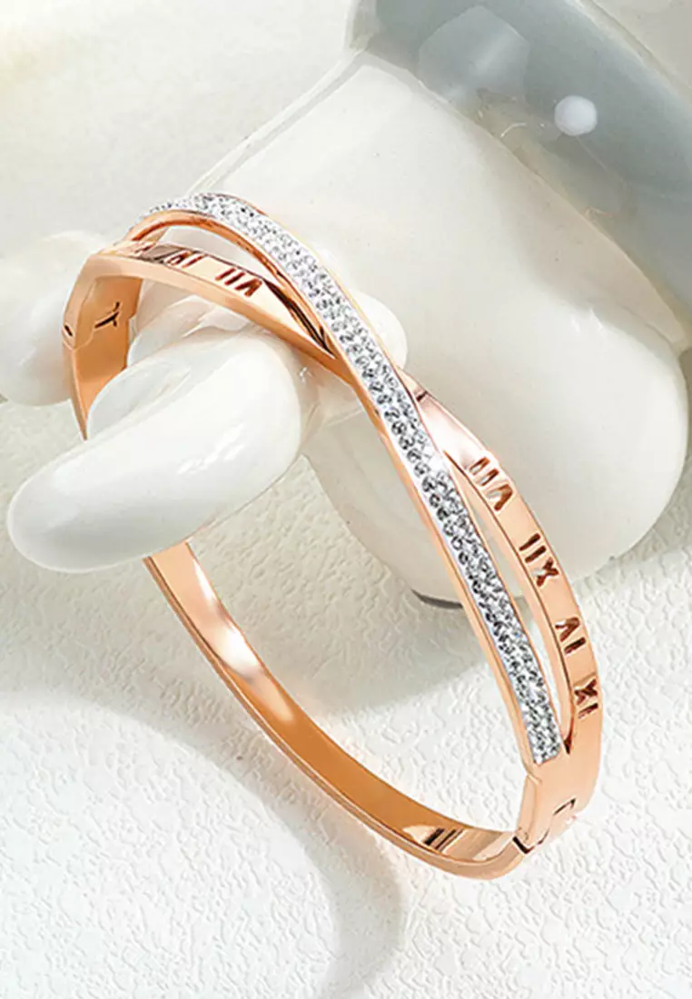 YOUNIQ YOUNIQ CROSS Infinity 18K Rosegold Titanium Steel Roman Bangle with Cubic Zirconia